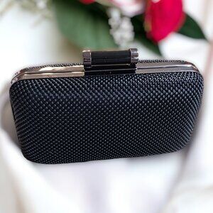 Jessica McClintock Platinum Black Mesh Beaded  Formal Evening Clutch Crossbody